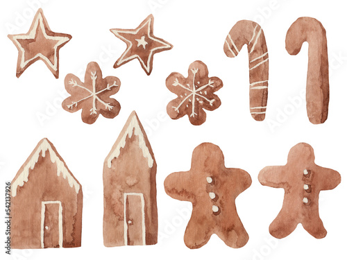 A set of watercolor illustrations of Christmas gingerbread, for design, postcards, pattern, on a white background