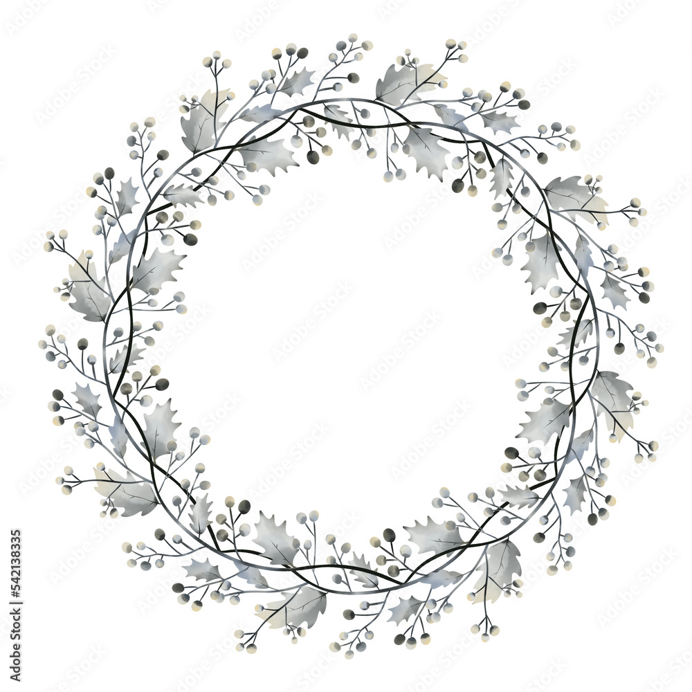 Watercolor Christmas trees, wreaths on white background.