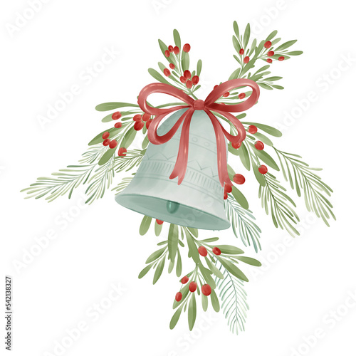 Christmas decorations, lush trees and bells. christmas bells with red ribbon