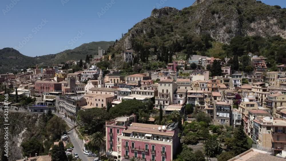 Taormina. Italy. 05-14-2022. Aerial view, buildings Taormina town. Sicily. Real time 4K Taormina. Italy. 05-14-2022. Aerial view, buildings Taormina town. Sicily. Real time 4K