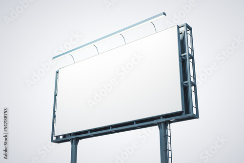 Blank white billboard isolated on light background, perspective view. Mockup, 3D Rendering