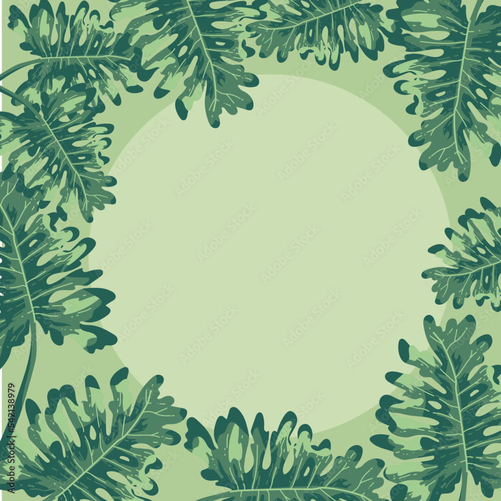 Hand drawn frame color tropical banner with jungle leaves. Exotic leaves illustrations frame  jungle tree.