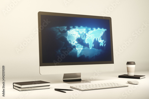 Abstract creative world map on modern laptop screen, international trading concept. 3D Rendering