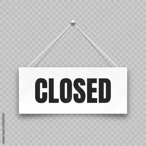 Realistic closed hanging signboard. Vintage door sign for cafe, restaurant, bar or retail store. Announcement banner, information signage for business or service. Vector illustration