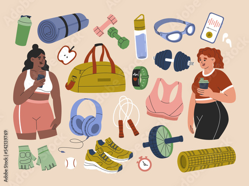 Two girls in sportswear, different sport inventory and accessories. Set of yoga mat, dumbbells, ab roller, sport gloves, jump rope, fitness tracker, foam roller, shaker, goggles. Vector illustration