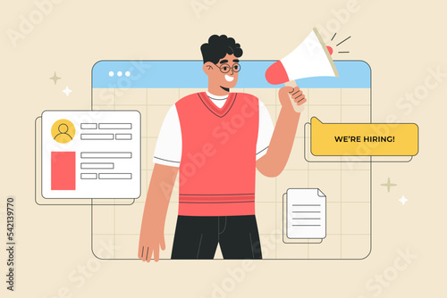 Man employer on computer screen shout in loud speaker We are hiring. Recruitment agency, candidate searching online. Hand drawn vector illustration isolated on background, modern flat cartoon style