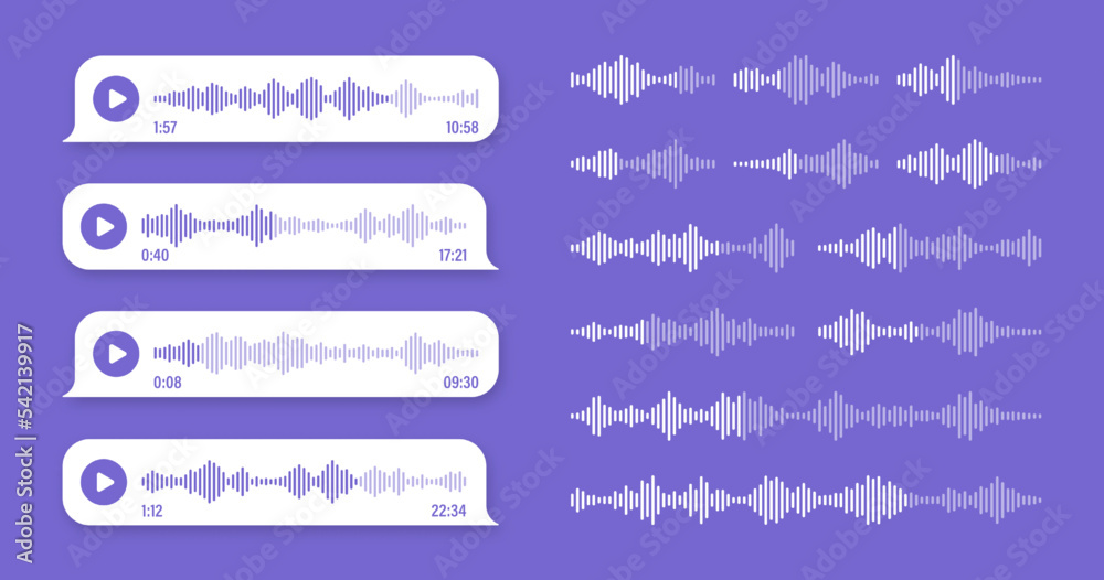 Voice, audio message, violet speech bubble. SMS text frame. Social media chat or messaging app conversation. Voice assistant, recorder. Sound wave pattern. Vector illustration Voice, audio message, violet speech bubble. SMS text frame. Social media chat or messaging app conversation. Voice assistant, recorder. Sound wave pattern. Vector illustration