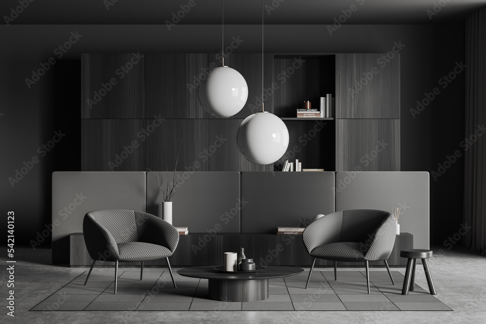 Front view on dark living room interior with armchairs, shelves Front view on dark living room interior with armchairs, shelves