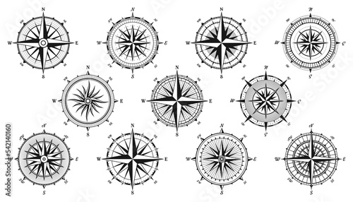 Vintage marine wind rose, nautical chart. Monochrome navigational compass with cardinal directions of North, East, South, West. Geographical position, cartography and navigation. Vector illustration.