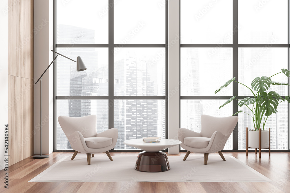 Fototapeta premium Light chill room interior with two seats and coffee table, panoramic window
