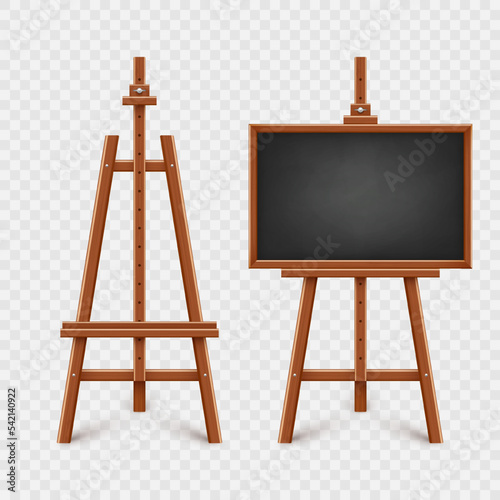 Realistic black chalkboard on wooden easel. Blank blackboard in wooden frame on a tripod. Presentation board, writing surface for text, drawing. Online studying, learning mockup. Vector illustration