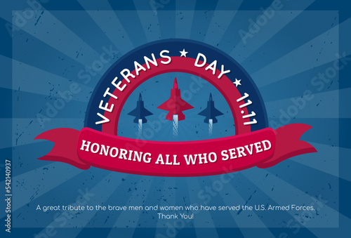 Veterans Day Typography Poster vector illustration. November 11 USA Abstract Retro Sunburst texture design. Honoring All Who Served. Thank you Greeting card, social media post website graphic resource