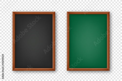 Realistic blank chalkboard in a wooden frame. School blackboard with traces of chalk, writing surface for text or drawing. Presentation board, online studying and e-learning. Vector illustration