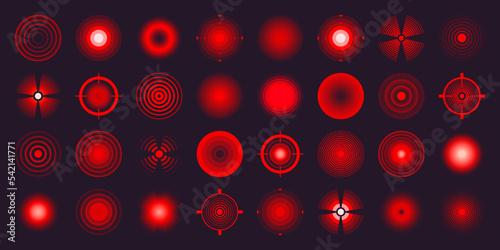 Thermal, night vision scope. Crosshair, gun sight vector icons. Bullseye, target or aim symbol. Military rifle scope, shooting mark sign. Targeting, aiming for a shot. Red radar waves, circles