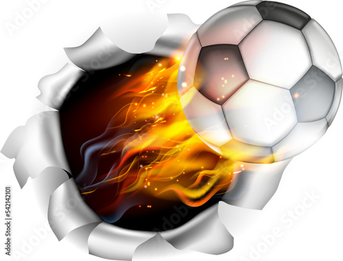 Obraz na plátne A Soccer football ball with flames and fire breaking through the background