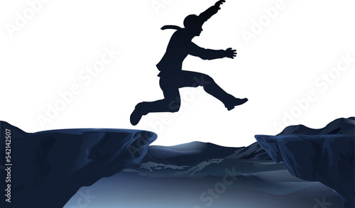 A brave silhouette man jumping a gap or chasm. Concept for courage or a leap of faith. photo