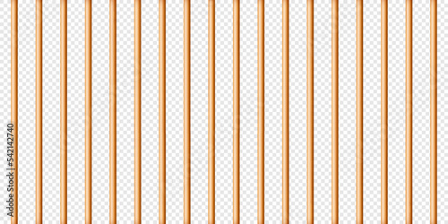 Realistic wooden lattice, rural picket fence. Farm or village house boundary, garden enclosing planks. Detailed wooden jail cage. Criminal background mockup. Creative vector illustration