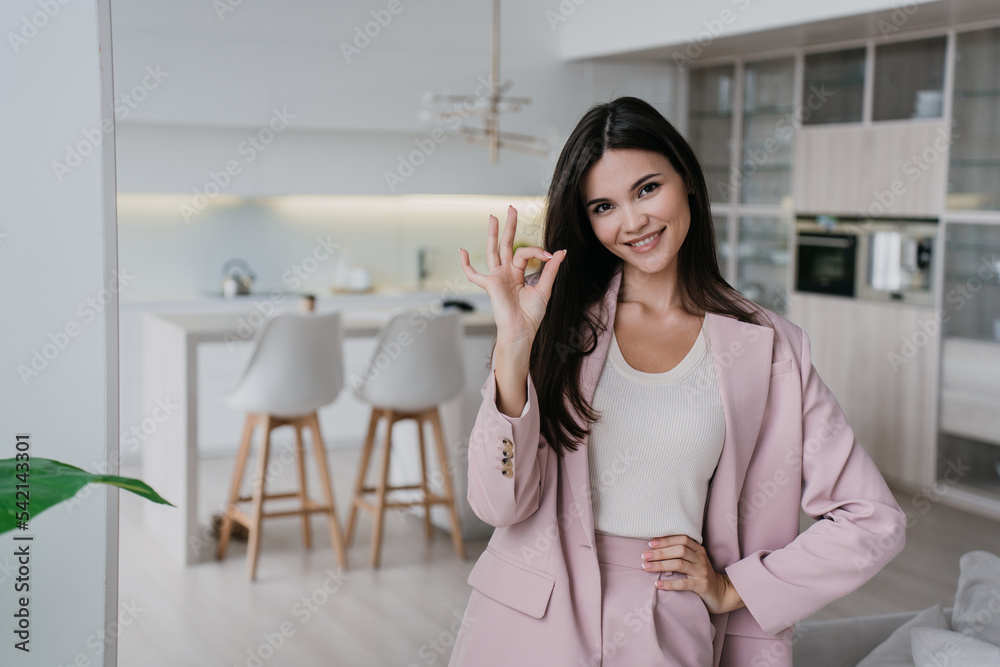 Cheerful young businesswoman with loose dark hair looking at camera toothy smiling gestures ok sign by hand standing over blurry living room. Remote working. Business people. Happy student. Cheerful young businesswoman with loose dark hair looking at camera toothy smiling gestures ok sign by hand standing over blurry living room. Remote working. Business people. Happy student.