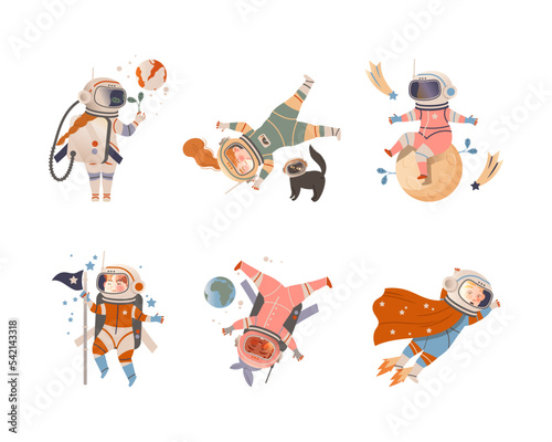 Cute kids astronauts in space suits floating in outer space set vector illustration