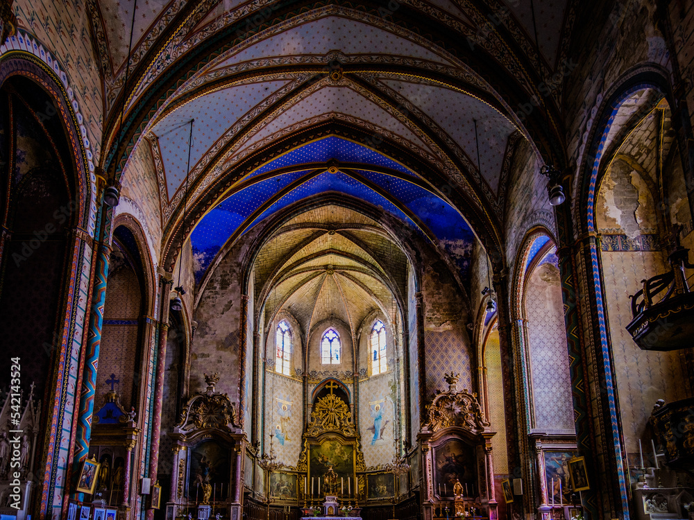 View on the interior of the medieval gothic collegial church Saint Vincent in the village of Montreal in the south of France (Aude)