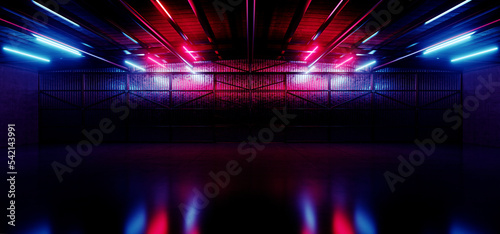 Cyber Retro Sci Fi Futuristic Neon Glowing Purple Blue Glowing Ceiling Lights Barn Warehouse Metal Cement Night Studio Hangar 3D Rendering © IM_VISUALS