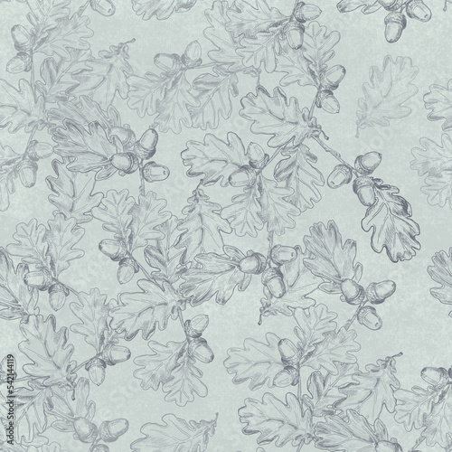 Oak foliate twigs and acorns outline seamless pattern for wrapping paper, greeting cards, posters, banners, packaging.