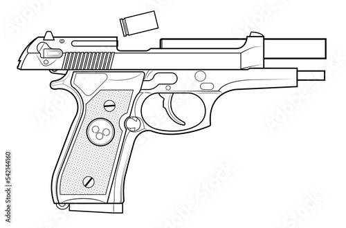 Vector illustration of the Beretta M92 automatic pistol with the breech in the rear position and the cartridge case falling out on the white background. Right side.