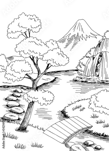 Japan garden lake graphic black white landscape sketch vertical illustration vector 