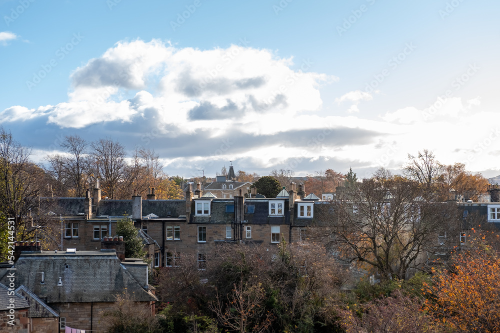 View of building, tree in spring. Edinburgh, United Kingdom