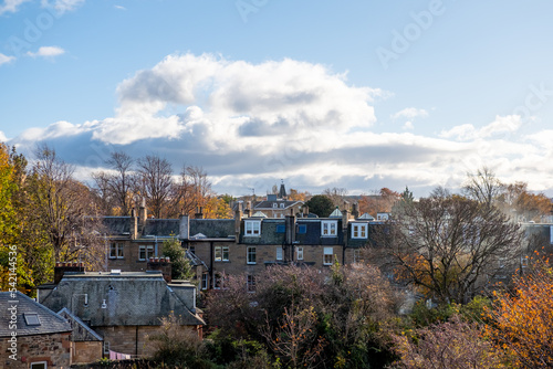 View of building, tree in spring. Edinburgh, United Kingdom