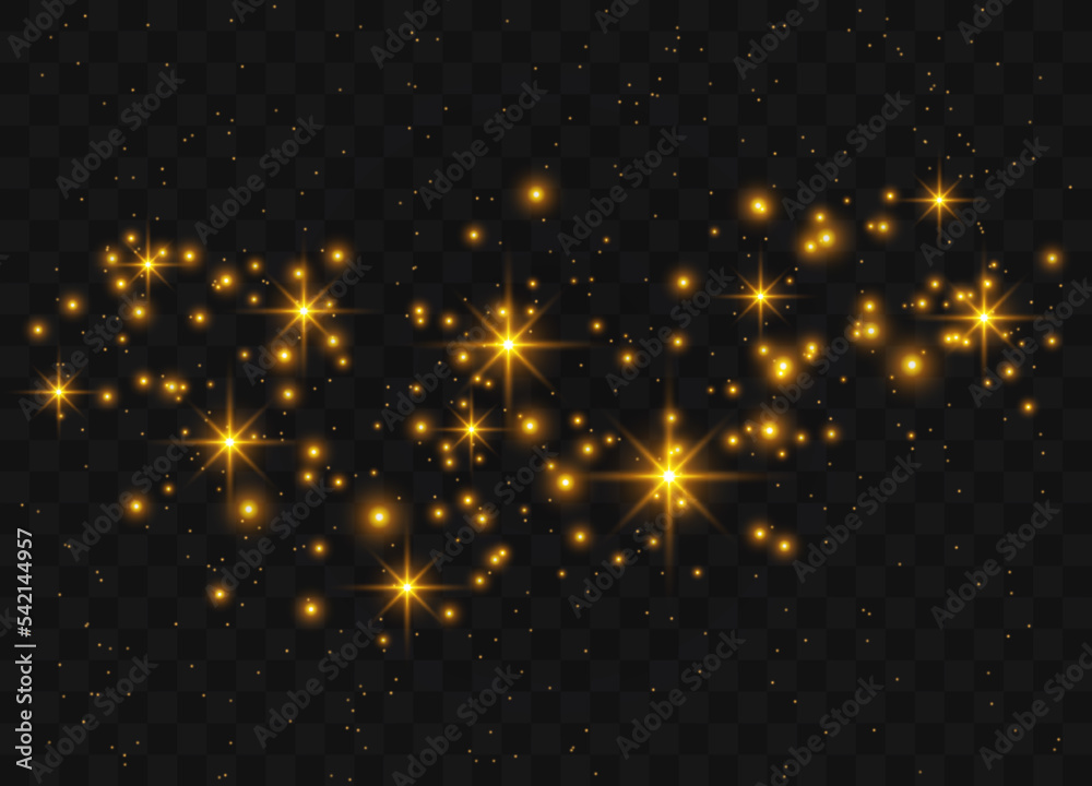 Fototapeta premium The dust sparks and golden stars shine with special light. Beautiful light flashes. Sparkling magical dust particles. Vector illustration.
