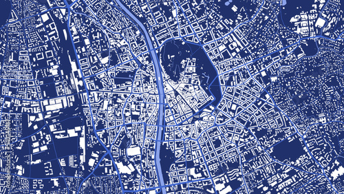 Detailed blue vector map poster of Graz city, linear print map. Skyline urban panorama.