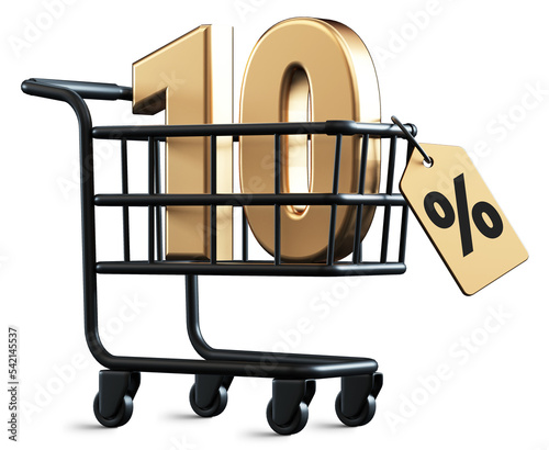 Shopping cart with 10 percent discount 3D rendering number isolated with transparent background