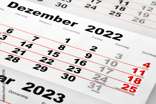 Deutscher Kalender Monat Dezember 2022 und Januar 2023 Nahaufnahme photo