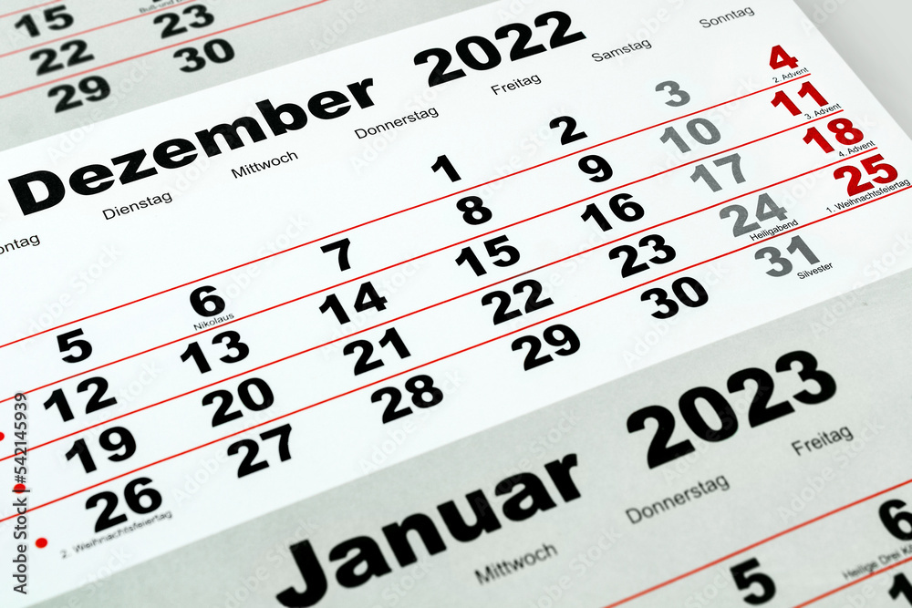 Deutscher Kalender Monat Dezember 2022 und Januar 2023 Nahaufnahme Deutscher Kalender Monat Dezember 2022 und Januar 2023 Nahaufnahme
