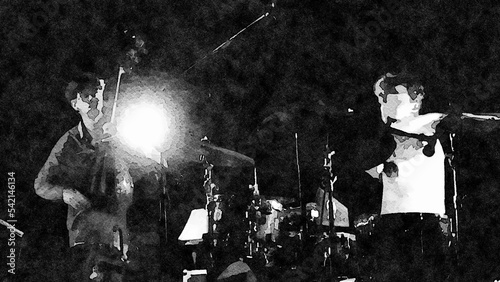 Photography A double bass player and a drummer in the middle of a live night performance