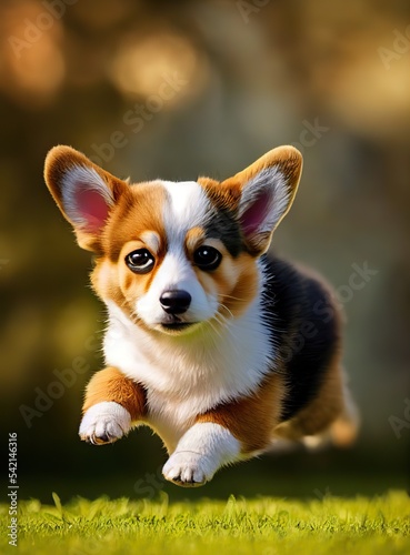 Adorable young Pembroke Welsh Corgi running in the park 3d 