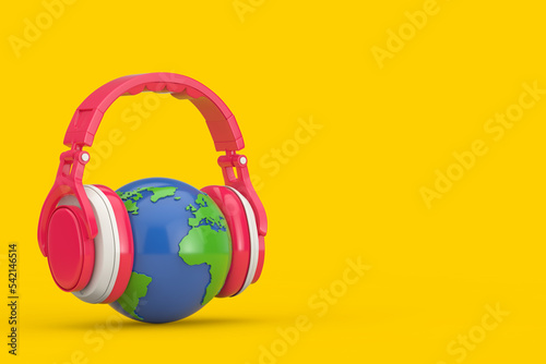 Earth Globe with Modern Fun Teenager Pink Headphones. 3d Rendering