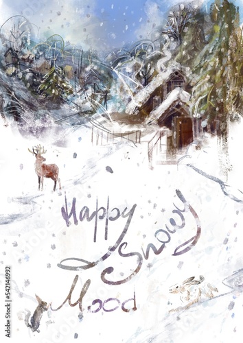 Happy snowy mood postcard and background with animals, trees, houses with lettering wishing 
