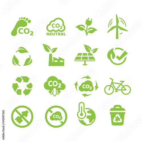Zero emissions, carbon footprint vector icon set. Ecology, environment symbols and icons