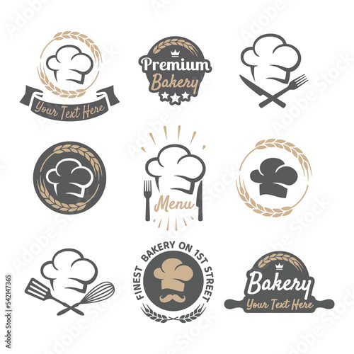 Bakery logo with rolling pin for restaurant. Vector food branding identity with wheat.