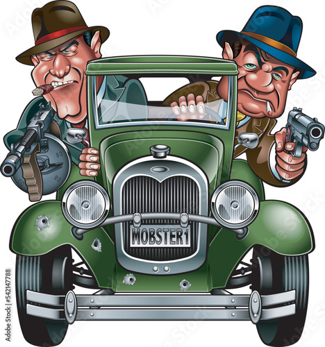Two cartoon style 1920's Gangsters in a car holding guns
