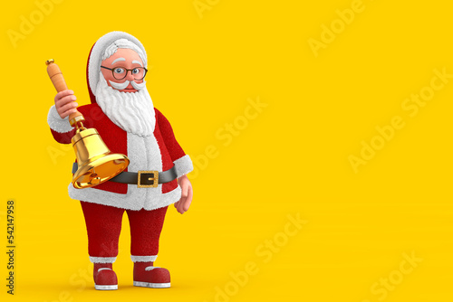 Cartoon Cheerful Santa Claus Granpa with Vintage Golden School Bell. 3d Rendering