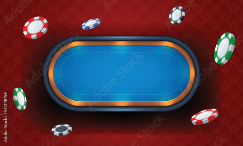 Poker table with blue cloth on red background and flying poker chips. Realistic vector illustration.