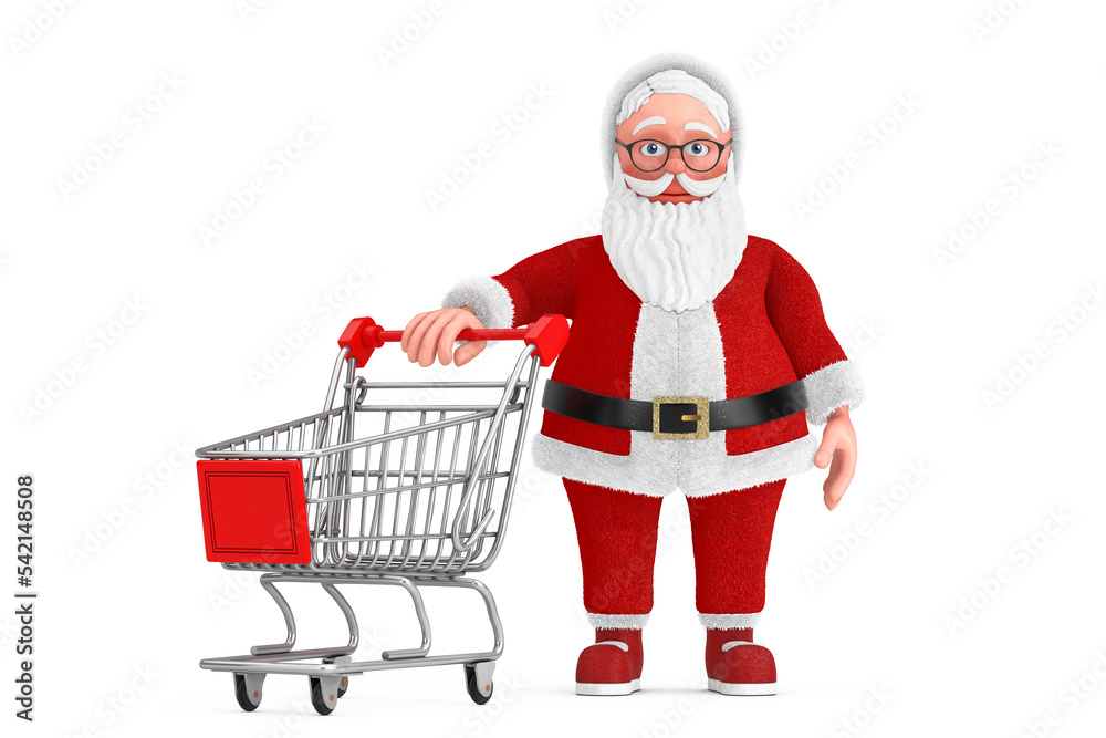 Cartoon Cheerful Santa Claus Granpa with Shopping Cart Trolley. 3d Rendering