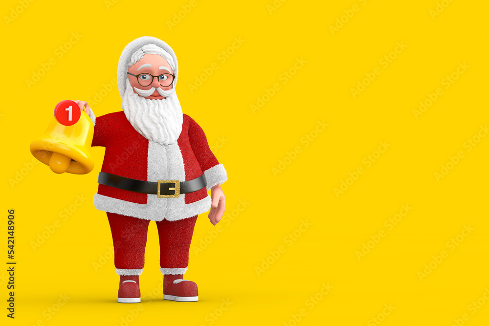 Cartoon Cheerful Santa Claus Granpa and Cartoon Social Media Notification Bells with New Message. 3d Rendering