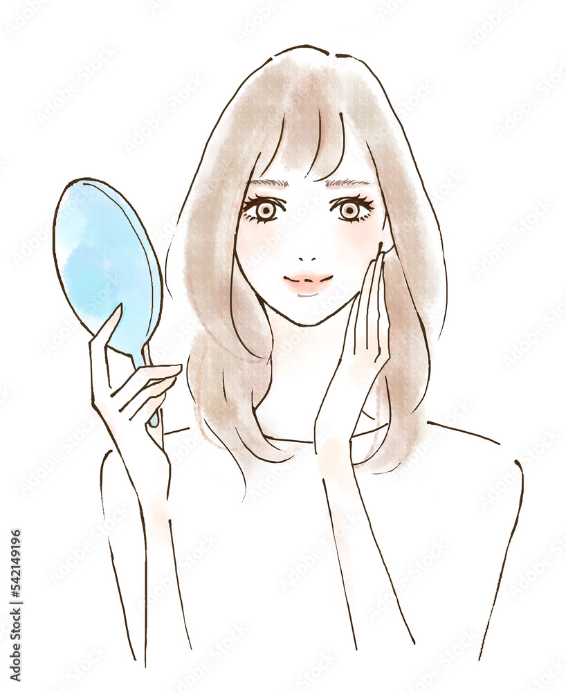 鏡を見て微笑む若い女性のイラスト 前向きな気持ちと高い幸福感