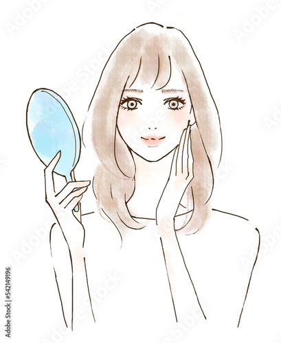 Obraz na płótnie 鏡を見て微笑む若い女性のイラスト 前向きな気持ちと高い幸福感 w salonie