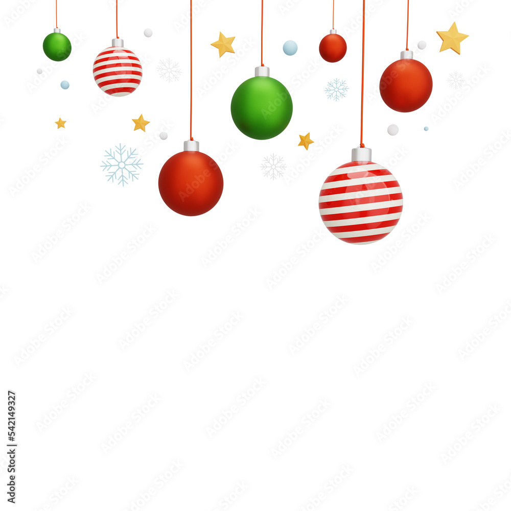 Christmas and new year background. glass ball Christmas ornaments, snowflakes and star. 3d rendering. PNG file Christmas and new year background. glass ball Christmas ornaments, snowflakes and star. 3d rendering. PNG file