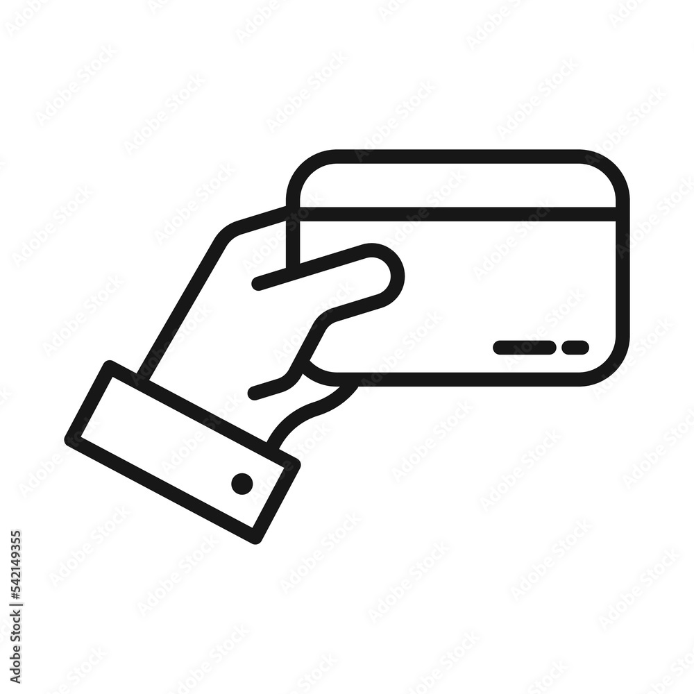 Black linear a hand holding a bank card. Cashless and card payment vector icon. Finance and bank system. Black linear a hand holding a bank card. Cashless and card payment vector icon. Finance and bank system.